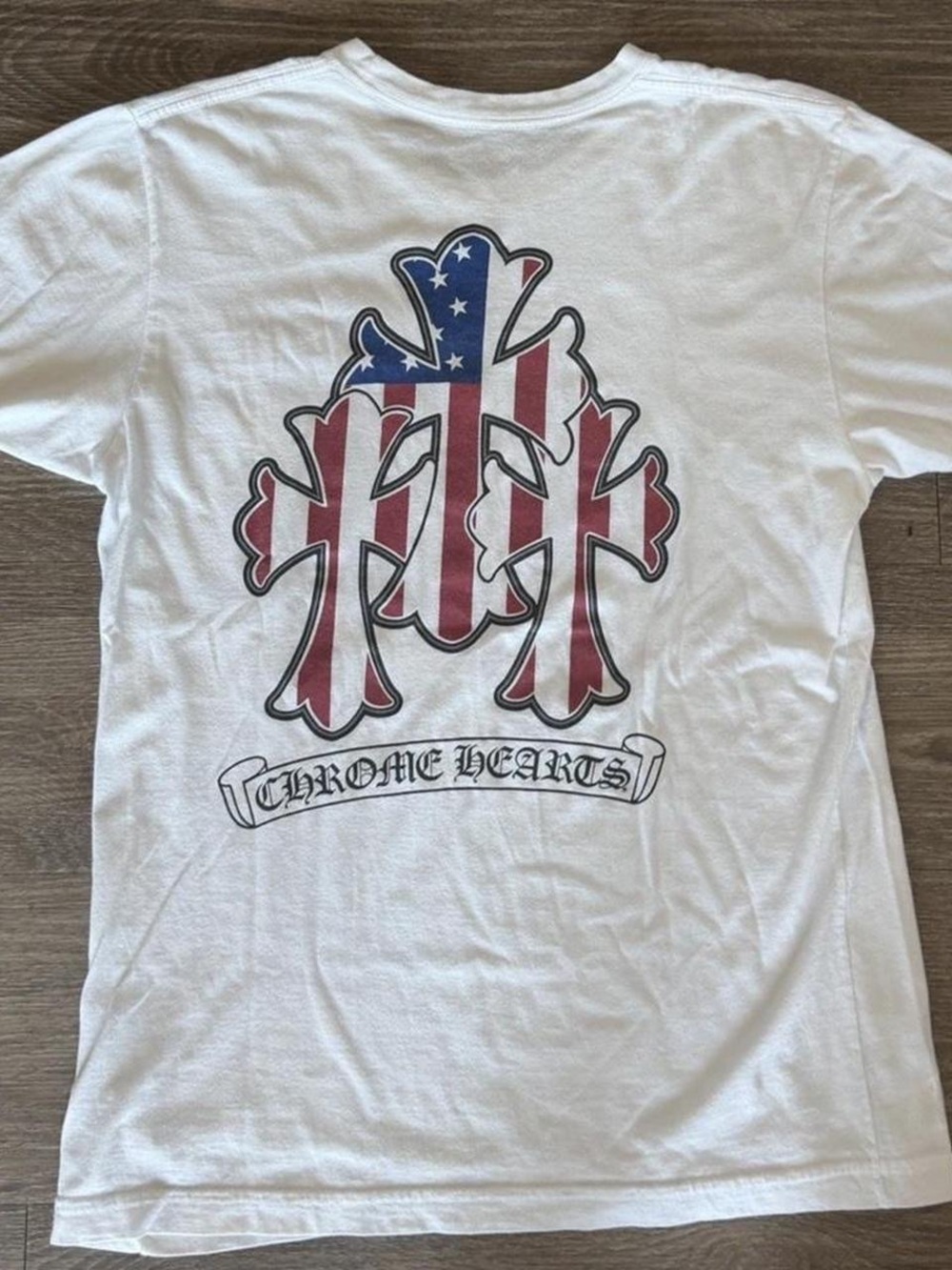 Gildan White Short Sleeve Tee with Red & Blue Flag Cross Graphic